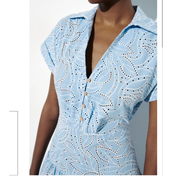 GUC - ZARA EMBROIDERED EYELET SHIRT DRESS CUTWORK EMBROIDERY BLUE WHITE M - Picture 9 of 16